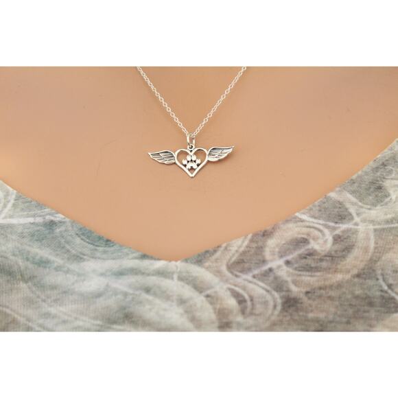Sterling Silver Paw Print Charm with Heart and Wings Necklace - Picture 4 of 5